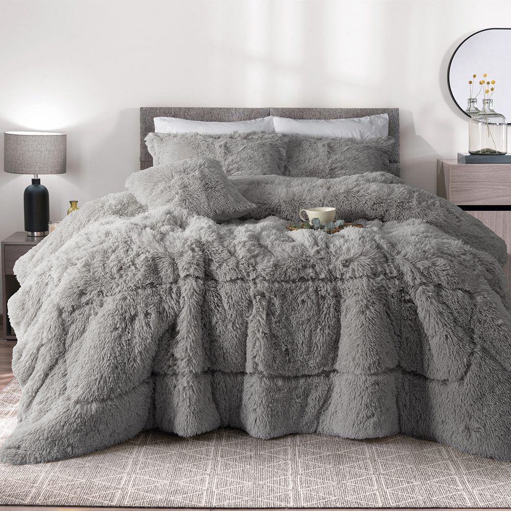 Kit 3 piezas Edredón King Flannel pelo largo Gris - Jean Cartier