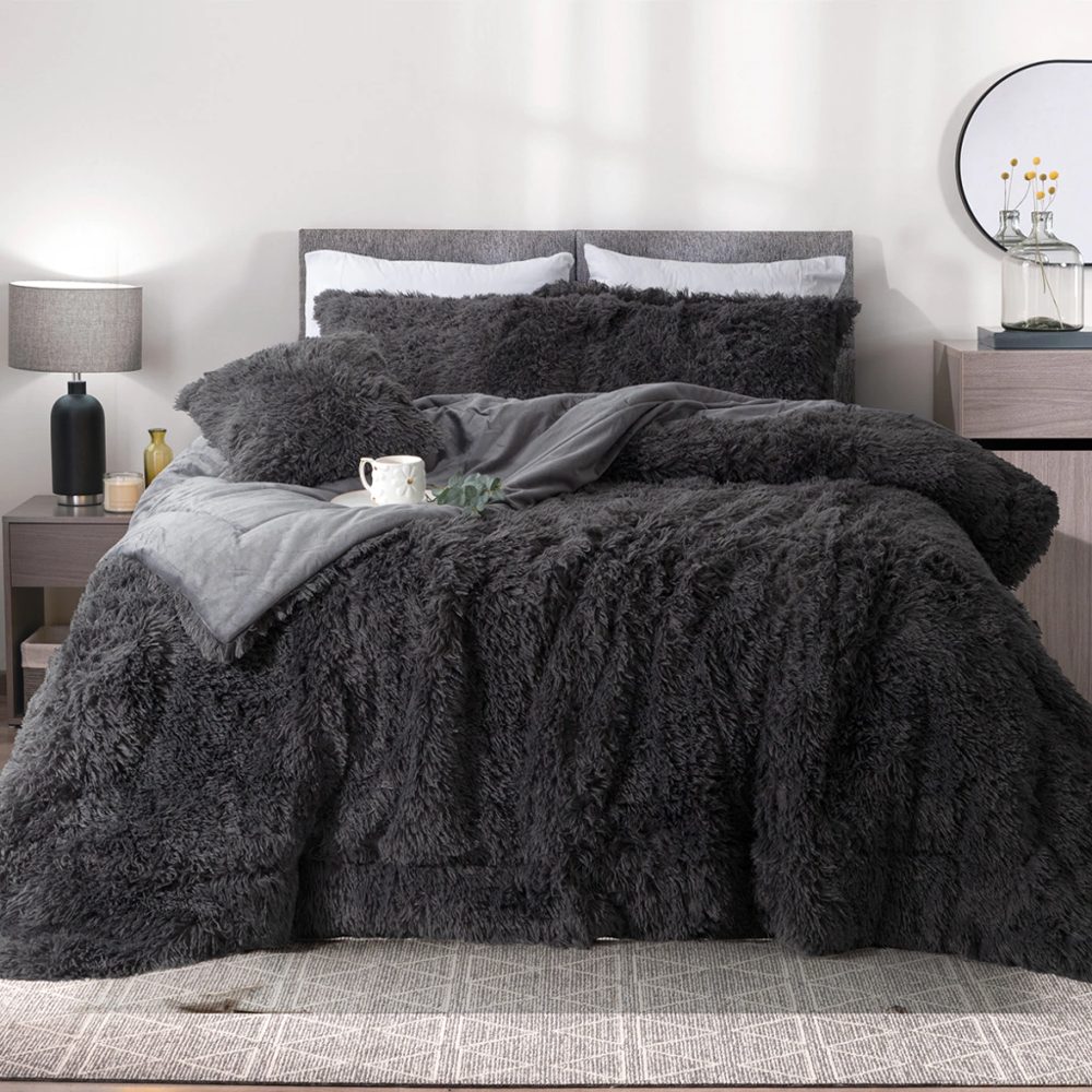 Kit 3 piezas Edredón King Size Flannel pelo largo Cemento - Jean Cartier